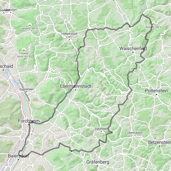 Map miniature of "The Bavarian Challenge" cycling inspiration in Mittelfranken, Germany. Generated by Tarmacs.app cycling route planner