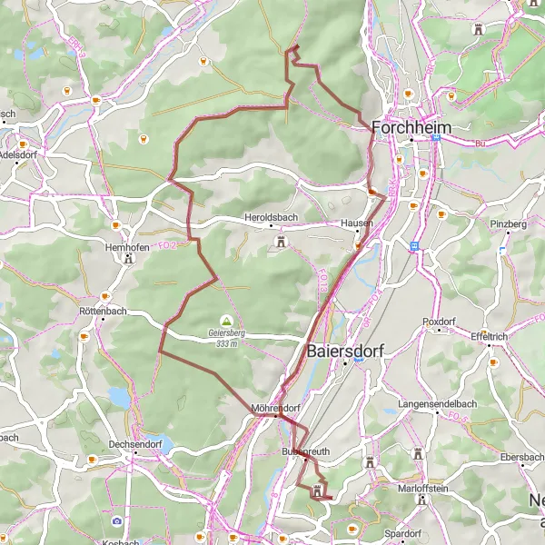 Map miniature of "Discovering the Countryside by Gravel" cycling inspiration in Mittelfranken, Germany. Generated by Tarmacs.app cycling route planner