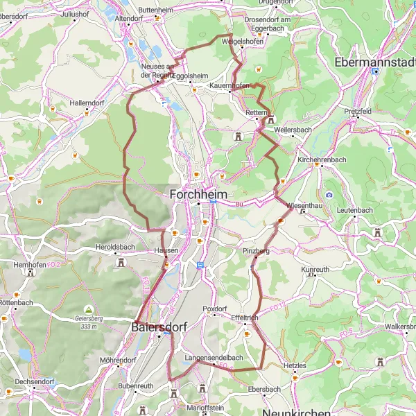 Karten-Miniaturansicht der Radinspiration "Gravelrunde Hausen - Rabensberg - Neuses an der Regnitz - Högelstein - Pinzberg - Bräuningshof" in Mittelfranken, Germany. Erstellt vom Tarmacs.app-Routenplaner für Radtouren