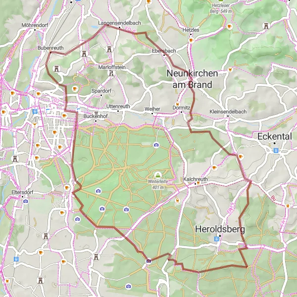 Karten-Miniaturansicht der Radinspiration "Gravel-Abenteuer zum Fuhrmannsstein" in Mittelfranken, Germany. Erstellt vom Tarmacs.app-Routenplaner für Radtouren