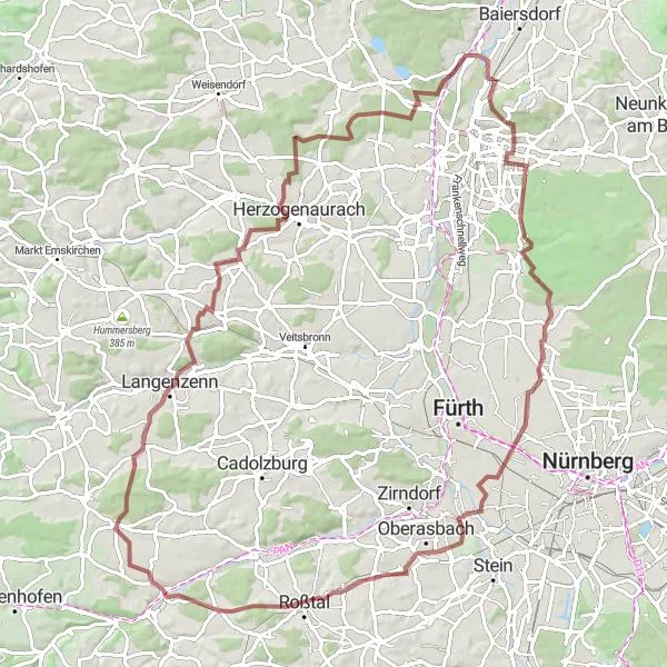 Karten-Miniaturansicht der Radinspiration "Kreisrunde Turmberg - Das Kreuz bei den Kreuzäckern - Muggenhof - Rehbühl - Latterbuck - Keidenzell - Schwelgenberg - Dreiberg - Bubenreuth" in Mittelfranken, Germany. Erstellt vom Tarmacs.app-Routenplaner für Radtouren