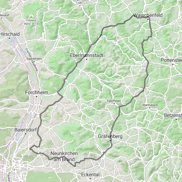 Map miniature of "Bavarian Road Adventure" cycling inspiration in Mittelfranken, Germany. Generated by Tarmacs.app cycling route planner