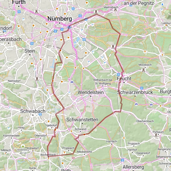 Karten-Miniaturansicht der Radinspiration "Gravel Tour durch Nürnberg und Umgebung" in Mittelfranken, Germany. Erstellt vom Tarmacs.app-Routenplaner für Radtouren