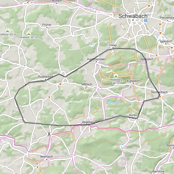 Karten-Miniaturansicht der Radinspiration "Rundtour über Galgenberg und Kammerstein" in Mittelfranken, Germany. Erstellt vom Tarmacs.app-Routenplaner für Radtouren