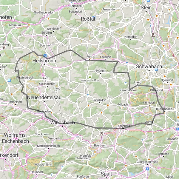Map miniature of "Road Cycling Adventure in Middle Franconia" cycling inspiration in Mittelfranken, Germany. Generated by Tarmacs.app cycling route planner