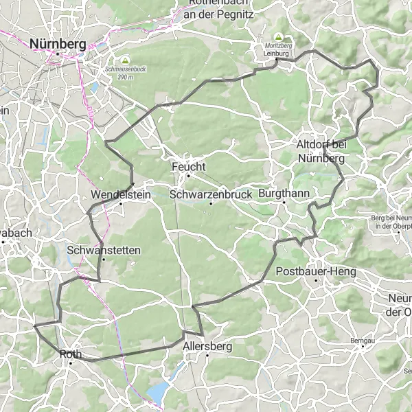 Map miniature of "Ultimate Road Cycling Challenge in Middle Franconia" cycling inspiration in Mittelfranken, Germany. Generated by Tarmacs.app cycling route planner
