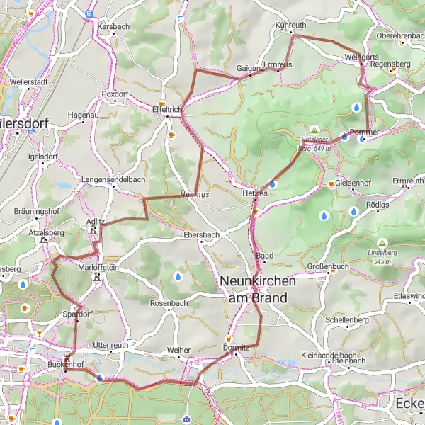 Karten-Miniaturansicht der Radinspiration "Abenteuerliche Gravel-Tour um Nuernberg" in Mittelfranken, Germany. Erstellt vom Tarmacs.app-Routenplaner für Radtouren