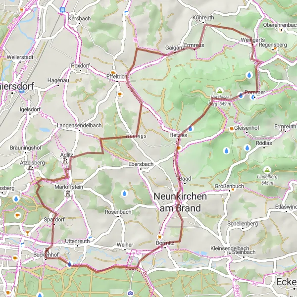 Map miniature of "Nuernberg View Gravel Route" cycling inspiration in Mittelfranken, Germany. Generated by Tarmacs.app cycling route planner