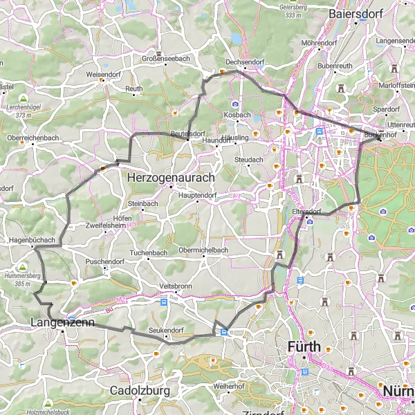 Map miniature of "Buckenhof to Turmberg" cycling inspiration in Mittelfranken, Germany. Generated by Tarmacs.app cycling route planner
