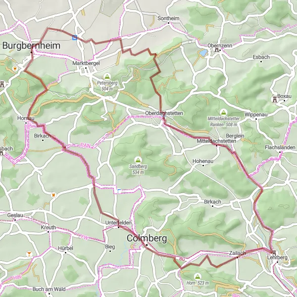 Map miniature of "Gravel Adventure: Burgbernheim to Horn" cycling inspiration in Mittelfranken, Germany. Generated by Tarmacs.app cycling route planner