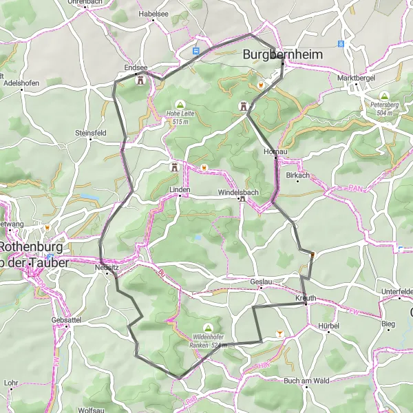 Map miniature of "Road Cycling Adventure to Burgbernheim" cycling inspiration in Mittelfranken, Germany. Generated by Tarmacs.app cycling route planner