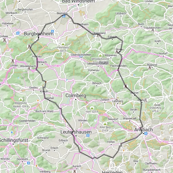 Map miniature of "The Illesheim Road Adventure" cycling inspiration in Mittelfranken, Germany. Generated by Tarmacs.app cycling route planner