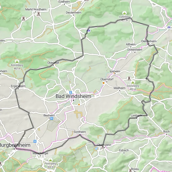 Map miniature of "Burgbernheim to Marktbergel Loop" cycling inspiration in Mittelfranken, Germany. Generated by Tarmacs.app cycling route planner