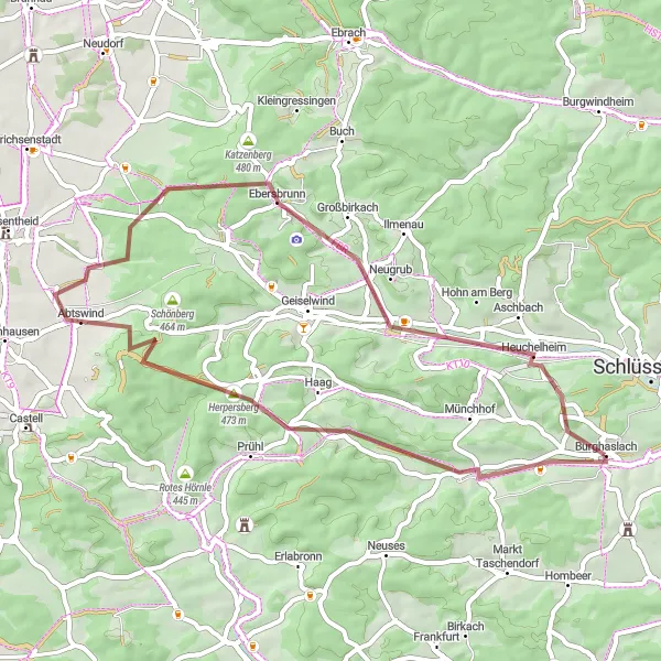 Map miniature of "Discovering Gravel Delights" cycling inspiration in Mittelfranken, Germany. Generated by Tarmacs.app cycling route planner
