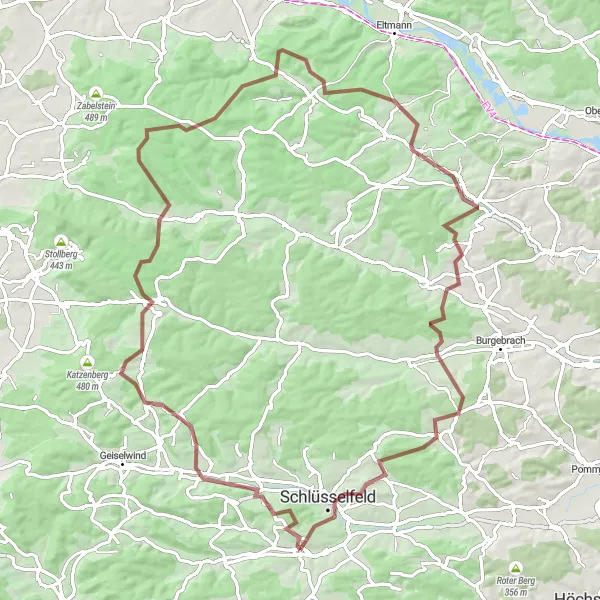 Map miniature of "Burghaslach Adventure" cycling inspiration in Mittelfranken, Germany. Generated by Tarmacs.app cycling route planner