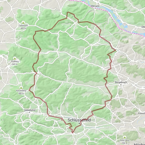 Karten-Miniaturansicht der Radinspiration "Burghaslach - Heuchelheim - Ebrach - Beerberg - Loundon - Priesendorf - Eckberg - Reichmannsdorf - Schlüsselfeld Rundweg" in Mittelfranken, Germany. Erstellt vom Tarmacs.app-Routenplaner für Radtouren