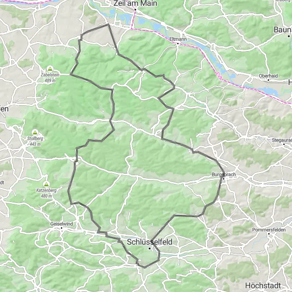 Karten-Miniaturansicht der Radinspiration "Hügelige Landschaftstour durch Mittelfranken" in Mittelfranken, Germany. Erstellt vom Tarmacs.app-Routenplaner für Radtouren