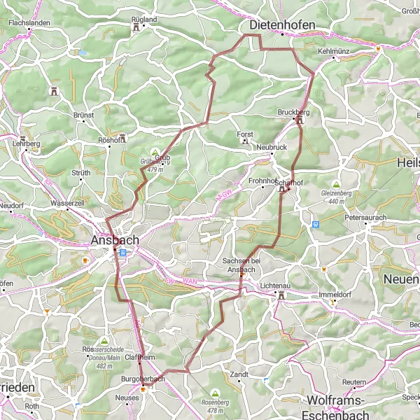 Karten-Miniaturansicht der Radinspiration "Gravel Tour um Burgoberbach" in Mittelfranken, Germany. Erstellt vom Tarmacs.app-Routenplaner für Radtouren