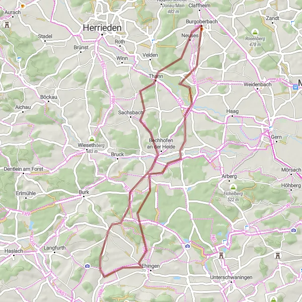 Karten-Miniaturansicht der Radinspiration "Burgoberbach - Thann - Claffheim Graveltour" in Mittelfranken, Germany. Erstellt vom Tarmacs.app-Routenplaner für Radtouren