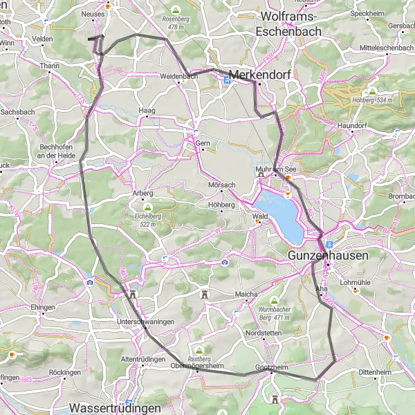 Karten-Miniaturansicht der Radinspiration "Road Tour durch Mittelfranken" in Mittelfranken, Germany. Erstellt vom Tarmacs.app-Routenplaner für Radtouren