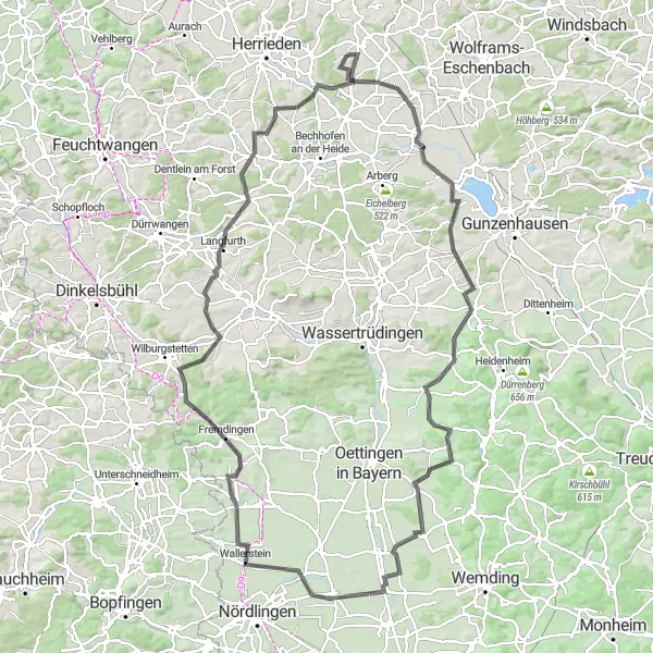 Karten-Miniaturansicht der Radinspiration "Burgoberbach - Aidelsberg - Langfurth Rundkurs" in Mittelfranken, Germany. Erstellt vom Tarmacs.app-Routenplaner für Radtouren