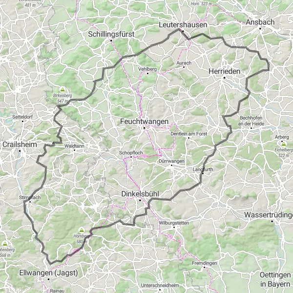 Karten-Miniaturansicht der Radinspiration "Burgoberbach - Käferbuck - Bernhardswinden Radrundtour" in Mittelfranken, Germany. Erstellt vom Tarmacs.app-Routenplaner für Radtouren