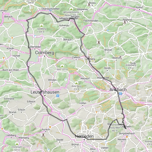 Karten-Miniaturansicht der Radinspiration "Bergtour um Burgoberbach" in Mittelfranken, Germany. Erstellt vom Tarmacs.app-Routenplaner für Radtouren