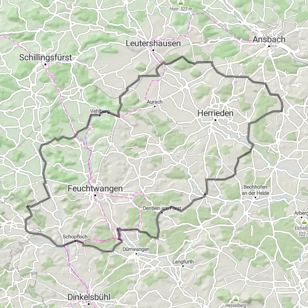 Karten-Miniaturansicht der Radinspiration "Panorama-Tour um Burgoberbach" in Mittelfranken, Germany. Erstellt vom Tarmacs.app-Routenplaner für Radtouren