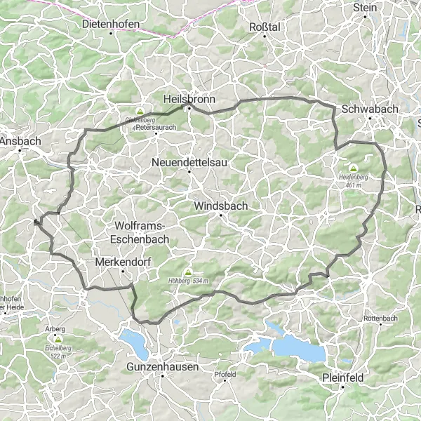 Karten-Miniaturansicht der Radinspiration "Rundtour Mittelfranken" in Mittelfranken, Germany. Erstellt vom Tarmacs.app-Routenplaner für Radtouren