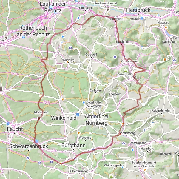 Karten-Miniaturansicht der Radinspiration "Entdeckungstour entlang von Schönberg und Hagenhausen auf einer 62 km langen Gravelroute" in Mittelfranken, Germany. Erstellt vom Tarmacs.app-Routenplaner für Radtouren