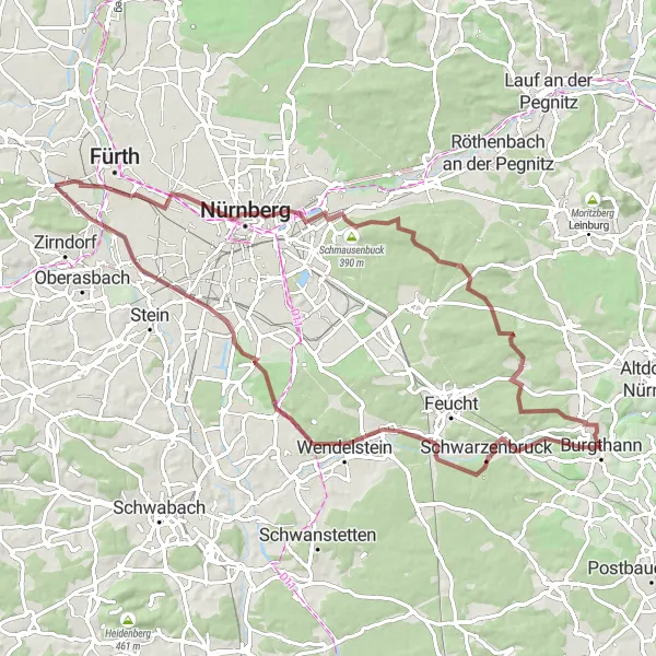 Karten-Miniaturansicht der Radinspiration "Erkundung von Burgthann und Mögeldorf auf einer 75 km langen Gravelroute" in Mittelfranken, Germany. Erstellt vom Tarmacs.app-Routenplaner für Radtouren