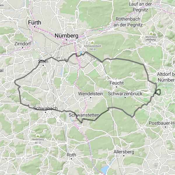 Map miniature of "Toward the Bavarian Countryside" cycling inspiration in Mittelfranken, Germany. Generated by Tarmacs.app cycling route planner