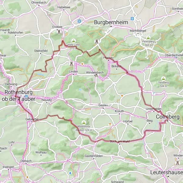 Karten-Miniaturansicht der Radinspiration "Rothenburg ob der Tauber und Hohe Leite Tour" in Mittelfranken, Germany. Erstellt vom Tarmacs.app-Routenplaner für Radtouren