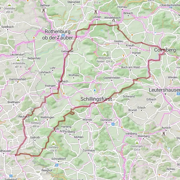 Karten-Miniaturansicht der Radinspiration "Gravelabenteuer durch die Natur rund um Colmberg" in Mittelfranken, Germany. Erstellt vom Tarmacs.app-Routenplaner für Radtouren
