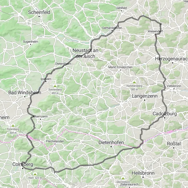 Karten-Miniaturansicht der Radinspiration "Colmberg und Cadolzburg Rundstrecke" in Mittelfranken, Germany. Erstellt vom Tarmacs.app-Routenplaner für Radtouren
