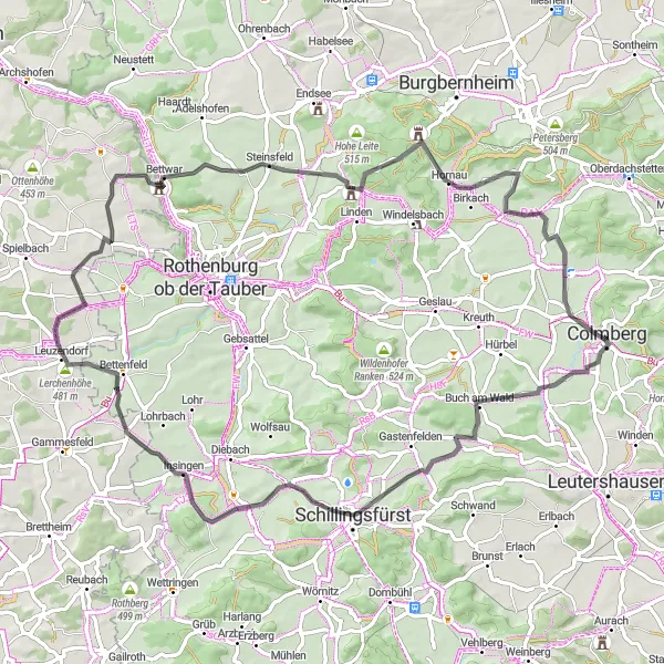 Map miniature of "Challenging Hills & Scenic Landscapes" cycling inspiration in Mittelfranken, Germany. Generated by Tarmacs.app cycling route planner