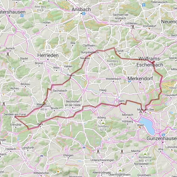 Map miniature of "Charming Gravel Loop" cycling inspiration in Mittelfranken, Germany. Generated by Tarmacs.app cycling route planner