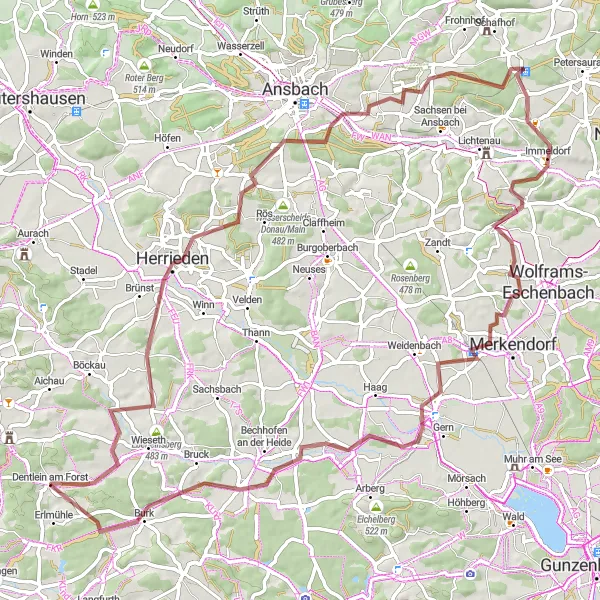 Map miniature of "Countryside Gravel Adventure" cycling inspiration in Mittelfranken, Germany. Generated by Tarmacs.app cycling route planner