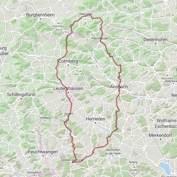 Map miniature of "Gravel Challenge Loop" cycling inspiration in Mittelfranken, Germany. Generated by Tarmacs.app cycling route planner