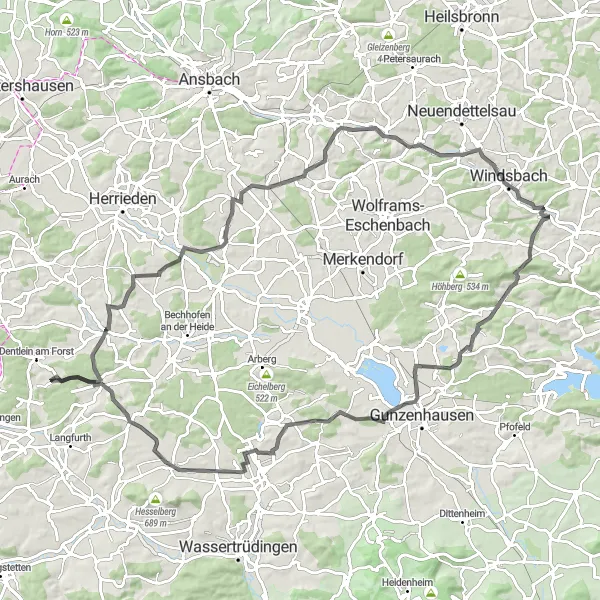 Map miniature of "Wieseth-Lichtenau Loop" cycling inspiration in Mittelfranken, Germany. Generated by Tarmacs.app cycling route planner