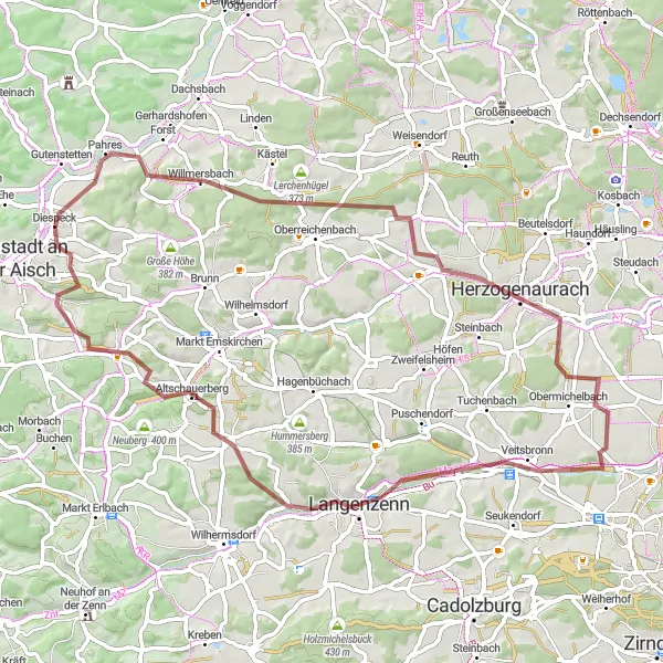 Map miniature of "The Schwelgenberg Gravel Adventure" cycling inspiration in Mittelfranken, Germany. Generated by Tarmacs.app cycling route planner