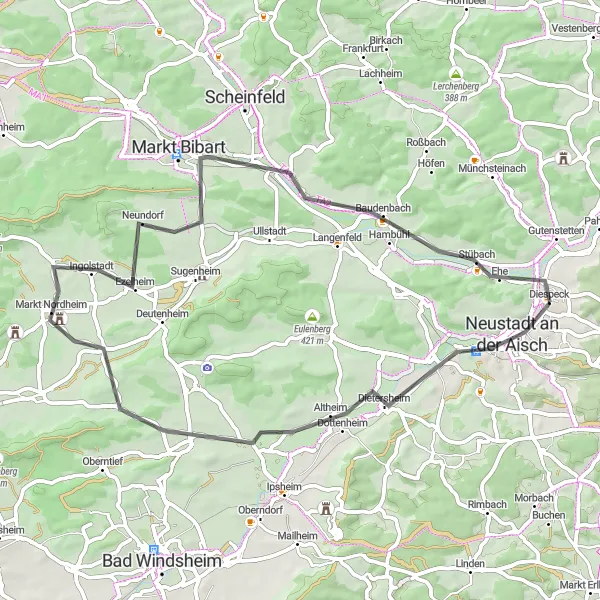 Map miniature of "Country Road Adventure" cycling inspiration in Mittelfranken, Germany. Generated by Tarmacs.app cycling route planner
