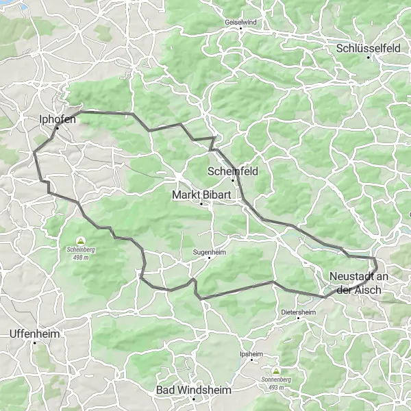 Map miniature of "Scenic Road Tour: Neustadt an der Aisch and Iphofen" cycling inspiration in Mittelfranken, Germany. Generated by Tarmacs.app cycling route planner