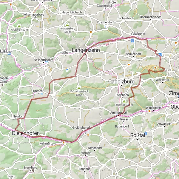 Karten-Miniaturansicht der Radinspiration "Gravelabenteuer in der Nähe von Dietenhofen" in Mittelfranken, Germany. Erstellt vom Tarmacs.app-Routenplaner für Radtouren