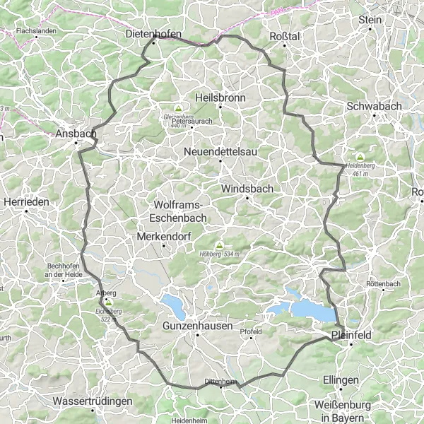 Karten-Miniaturansicht der Radinspiration "Rundtour durch Mittelfranken und Altmühltal" in Mittelfranken, Germany. Erstellt vom Tarmacs.app-Routenplaner für Radtouren