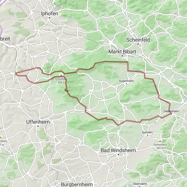 Karten-Miniaturansicht der Radinspiration "Rundweg über Kaubenheim und Ippesheim" in Mittelfranken, Germany. Erstellt vom Tarmacs.app-Routenplaner für Radtouren