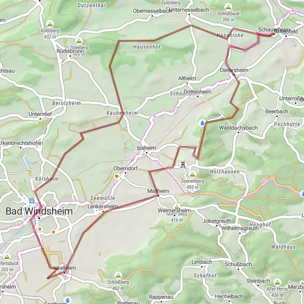 Karten-Miniaturansicht der Radinspiration "Rundweg durch Bad Windsheim und Zogelsberg" in Mittelfranken, Germany. Erstellt vom Tarmacs.app-Routenplaner für Radtouren