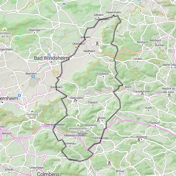 Karten-Miniaturansicht der Radinspiration "Rundweg über Weinberg und Flachslanden" in Mittelfranken, Germany. Erstellt vom Tarmacs.app-Routenplaner für Radtouren