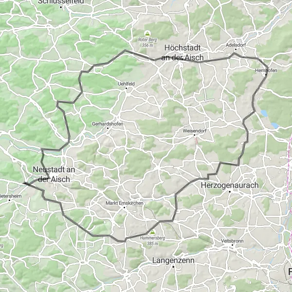 Karten-Miniaturansicht der Radinspiration "Hügeliges Road Biking um Dietersheim" in Mittelfranken, Germany. Erstellt vom Tarmacs.app-Routenplaner für Radtouren