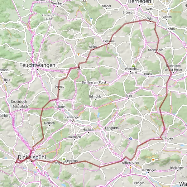 Map miniature of "Gravel Adventure through Pristine Landscapes" cycling inspiration in Mittelfranken, Germany. Generated by Tarmacs.app cycling route planner